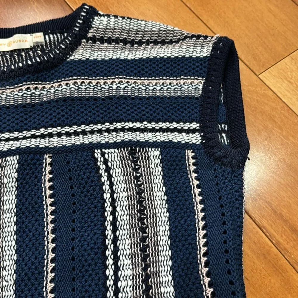 Tory Burch Knit Linen Blend Navy Blue‎ Striped Crochet geometric Top Size XS